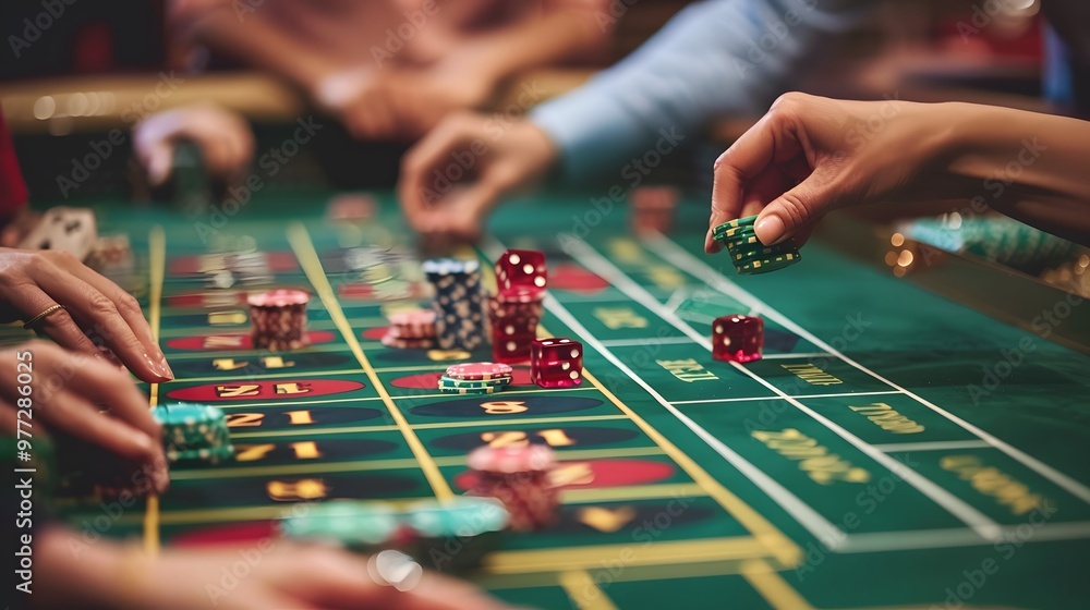 Betting Chips on Craps Table: Hands placing a bet on the craps table, dice ready to be rolled and chips in place.
Betting Chips on Craps Table: Hands placing a bet on the craps table, dice ready to be rolled and chips in place.
