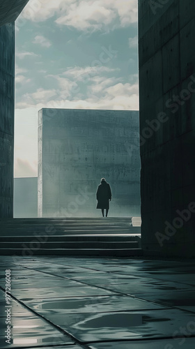 A solitary figure walks through dramatic architectural space, surrounded by towering concrete structures and misty atmosphere. scene evokes sense of mystery and contemplation