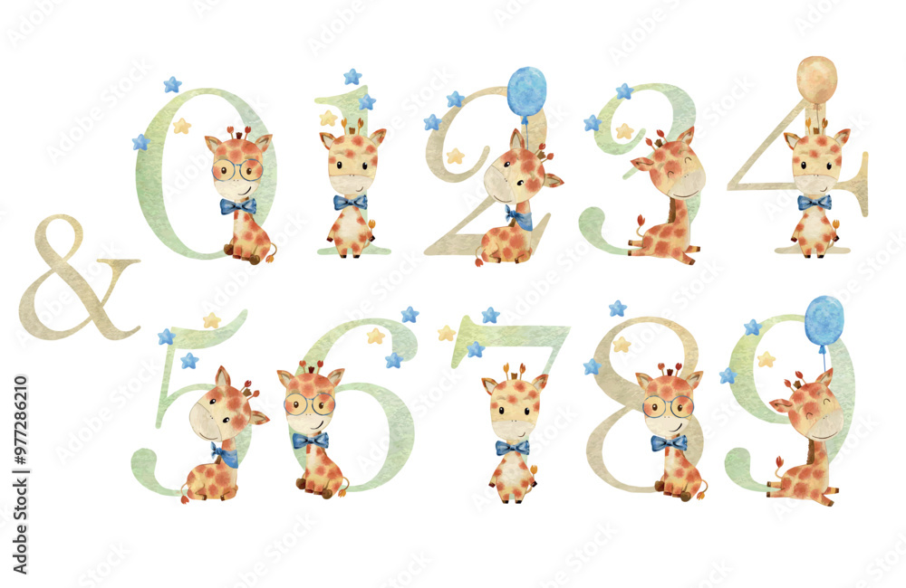 Naklejka premium Watercolor animals numbers.