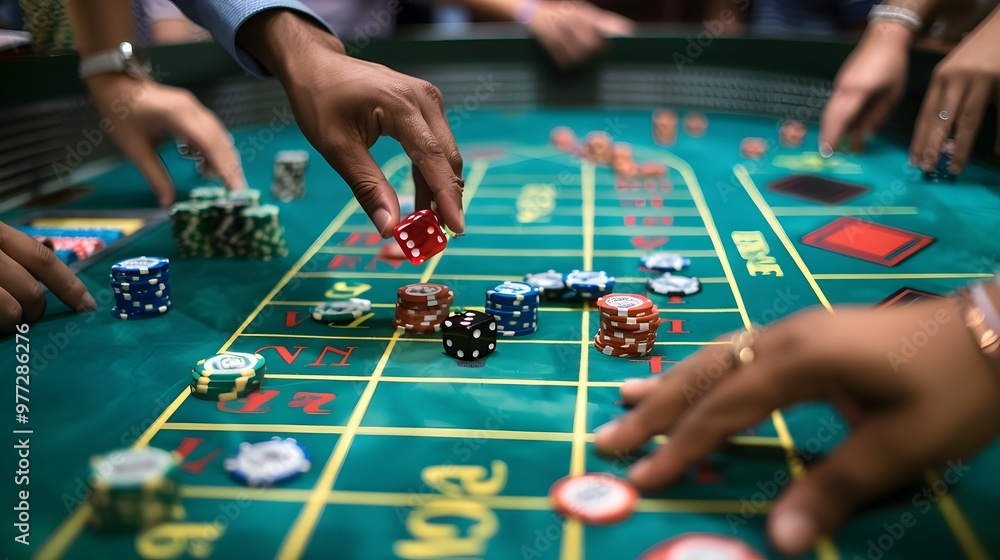 Betting Chips on Craps Table: Hands placing a bet on the craps table, dice ready to be rolled and chips in place.
Betting Chips on Craps Table: Hands placing a bet on the craps table, dice ready to be rolled and chips in place.
