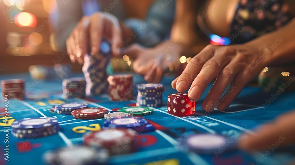 Betting Chips on Craps Table: Hands placing a bet on the craps table, dice ready to be rolled and chips in place.
Betting Chips on Craps Table: Hands placing a bet on the craps table, dice ready to be rolled and chips in place.
