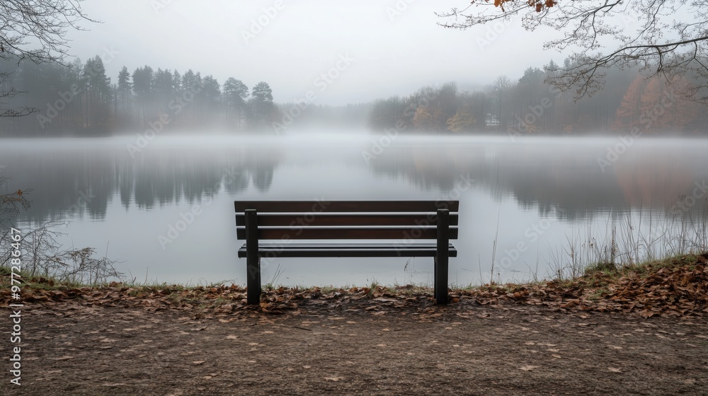 A bench is sitting by a lake on a foggy day. The scene is peaceful and serene A bench is sitting by a lake on a foggy day. The scene is peaceful and serene