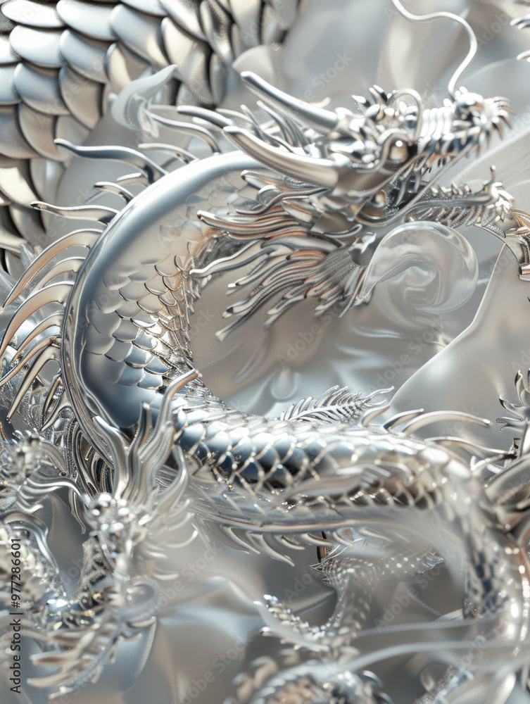 A stunning silver and white Chinese dragon intricately designed with scales, showcasing its majestic form and powerful presence. detailed craftsmanship evokes sense of awe and wonder A stunning silver and white Chinese dragon intricately designed with scales, showcasing its majestic form and powerful presence. detailed craftsmanship evokes sense of awe and wonder