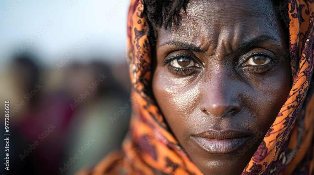 The image focuses on a person wearing a bright and beautifully patterned headscarf, with a background that suggests they are in a community setting amidst others. The image focuses on a person wearing a bright and beautifully patterned headscarf, with a background that suggests they are in a community setting amidst others.