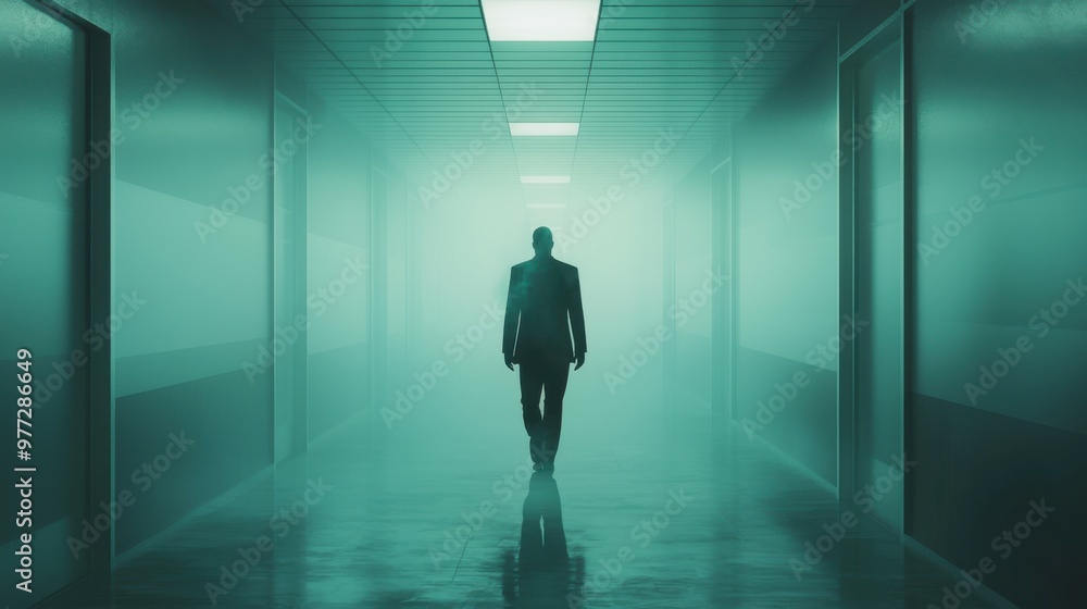 Fototapeta premium Phantom Executive in a Suit Haunting Misty Office Corridor - Spooky Business Halloween Illustration