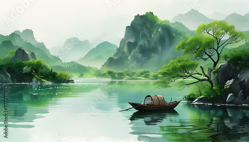 Poetic boat amidst green mountains and clear water, Chinese ink painting style background of spring at Qingming Festival photo