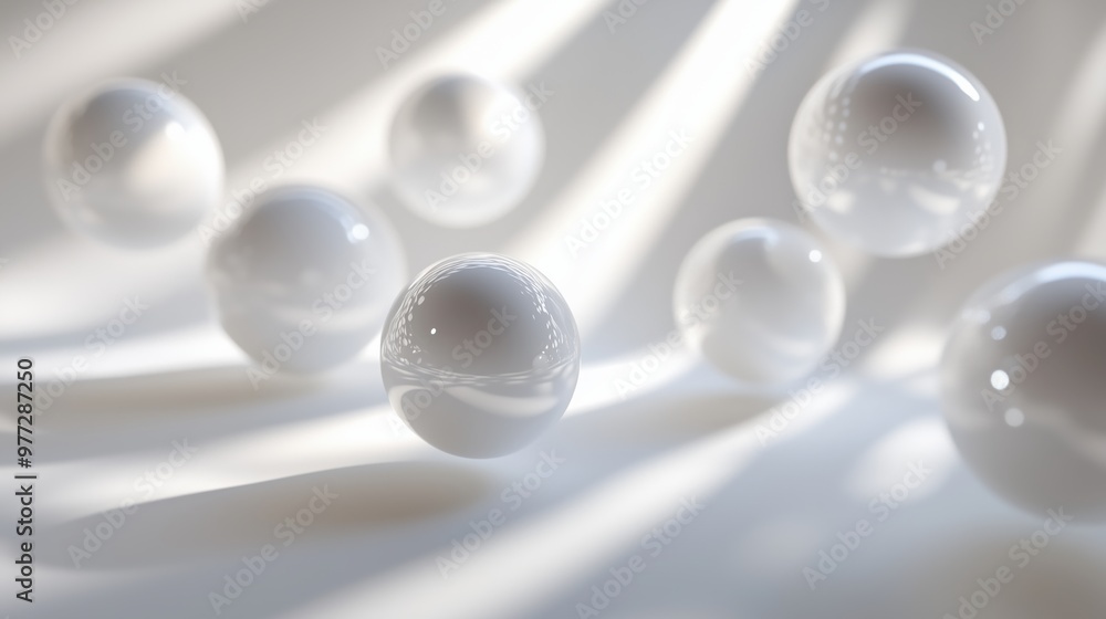 A bunch of white spheres are floating in the air. The spheres are all different sizes and are scattered throughout the image. Scene is one of lightness and playfulness A bunch of white spheres are floating in the air. The spheres are all different sizes and are scattered throughout the image. Scene is one of lightness and playfulness