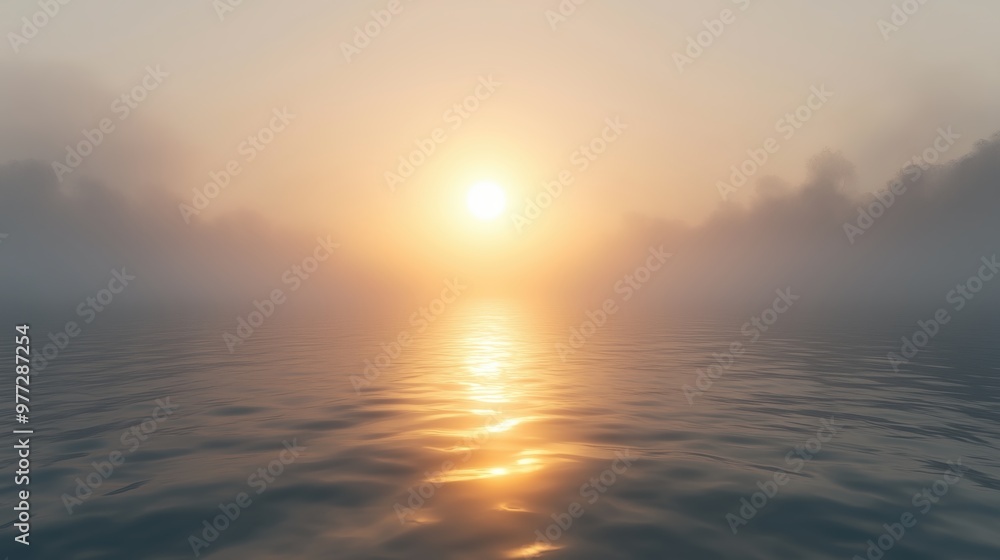 Obraz premium A calm body of water with a sun setting in the background. The water is still and the sky is cloudy