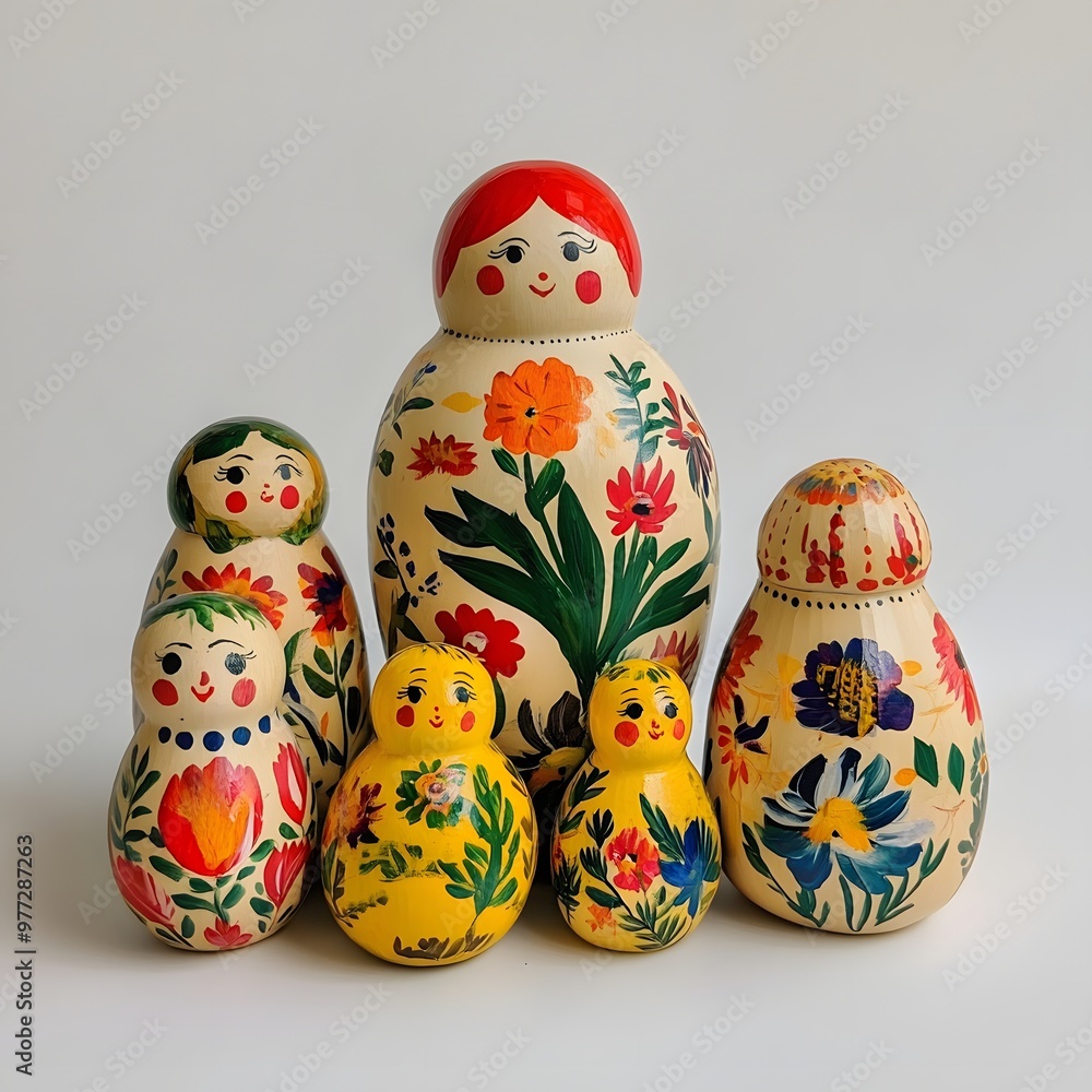 80. A set of hand-painted Russian nesting dolls isolated on a plain white background 80. A set of hand-painted Russian nesting dolls isolated on a plain white background