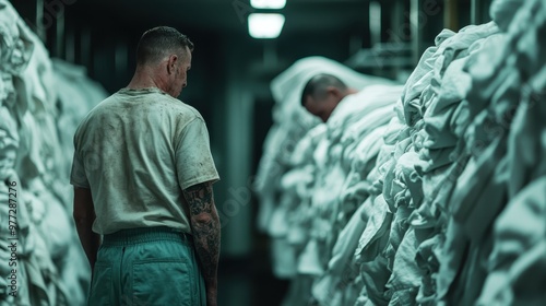 A man in a laundry facility surveys rows of folded white linens. He is dressed in a t-shirt and work pants, emphasizing the hard manual labor involved in such a setting. photo