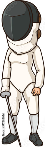 Cartoon female fencer in suit vector illustration