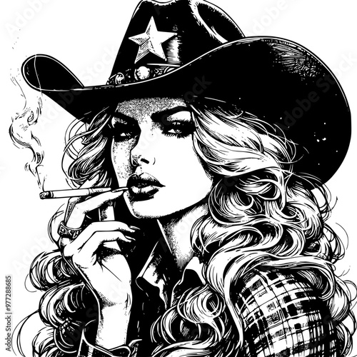 Black and white vector drawing of a cowgirl smoking a cigarette