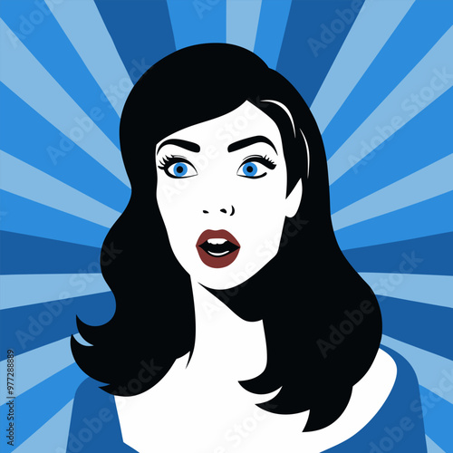 Face of an admiring or surprised woman. Retro pop art comic style. Vector illustration.