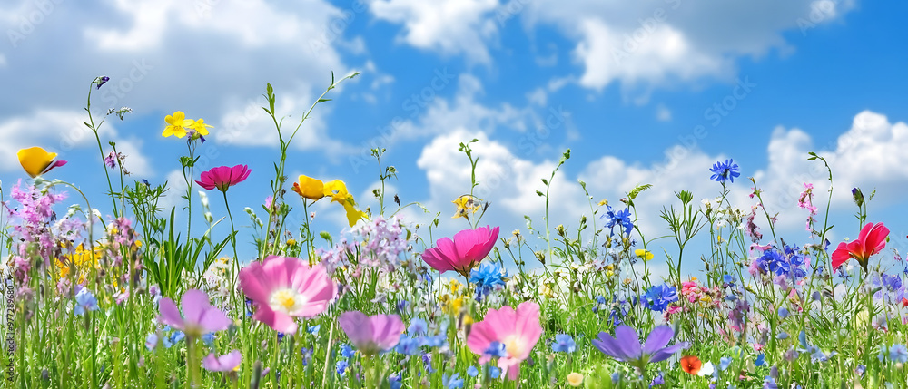Vibrant field of wildflowers under a clear blue sky with fluffy white clouds. The scene is filled with colorful blooms and lush green grass, creating a lively and refreshing natural backdrop Vibrant field of wildflowers under a clear blue sky with fluffy white clouds. The scene is filled with colorful blooms and lush green grass, creating a lively and refreshing natural backdrop