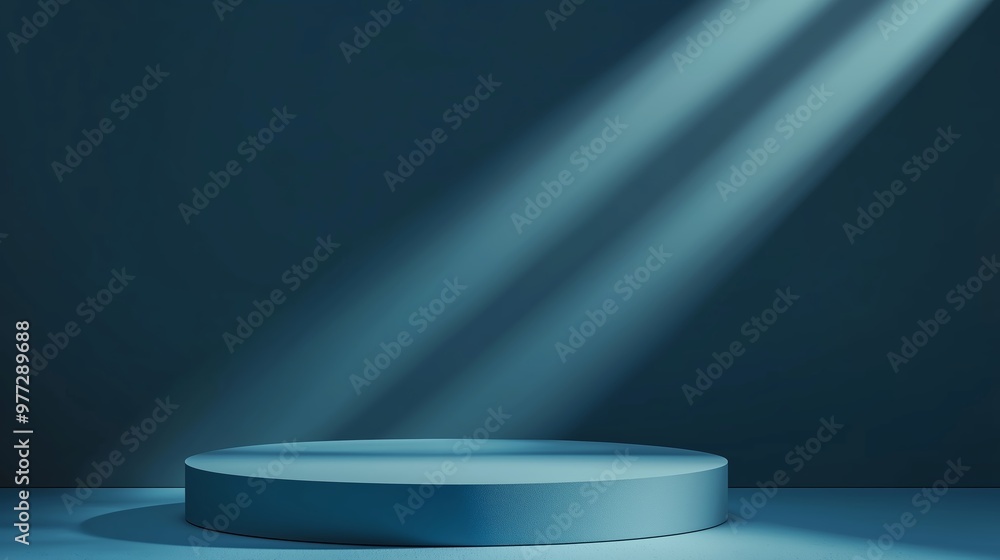 A circular podium illuminated by soft light in a darkened room creates a dramatic focal point for presentations, performances, or displays