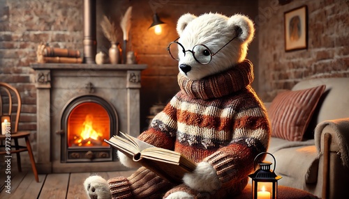 A cozy and whimsical scene featuring an anthropomorphic polar bear dressed in a warm, knitted sweater with earthy tones of brown, orange, and burgundy