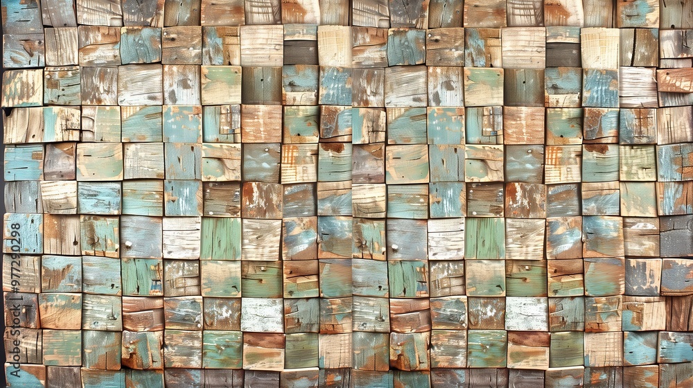wall made of reclaimed wood squares in various shades of brown, blue, and green wall made of reclaimed wood squares in various shades of brown, blue, and green