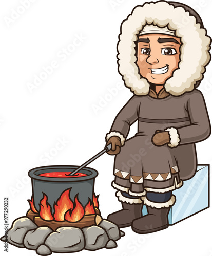 Cartoon inuit cooking on fire vector illustration