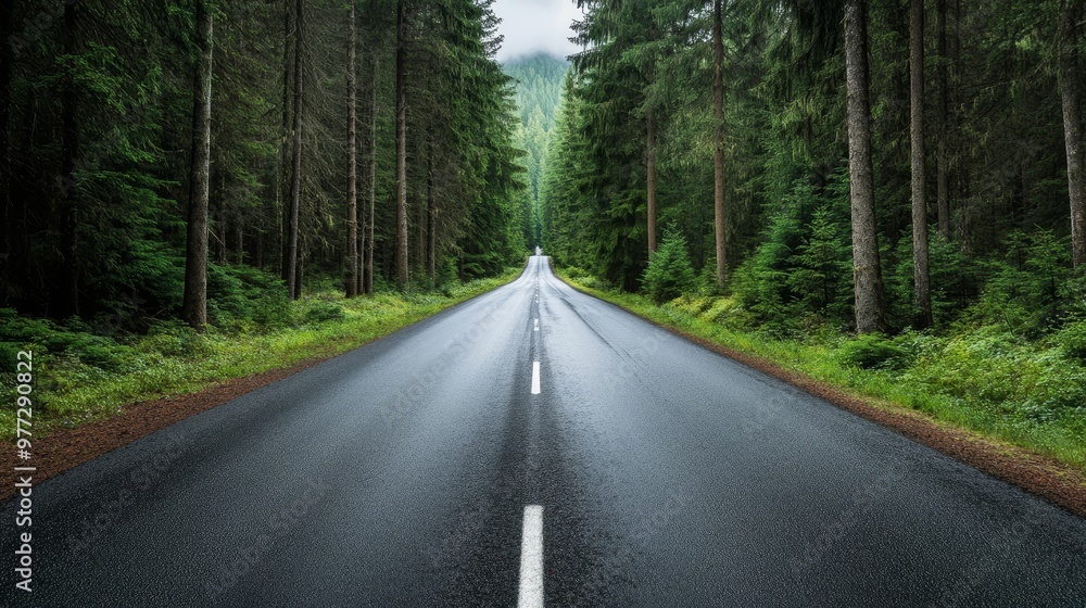 Scenic road through dense forest with towering pines on each side Scenic road through dense forest with towering pines on each side