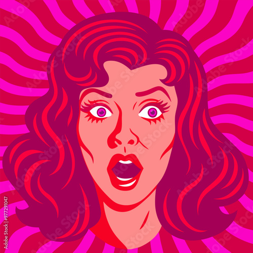 Face of an admiring or surprised woman. Retro pop art comic style. Vector illustration.