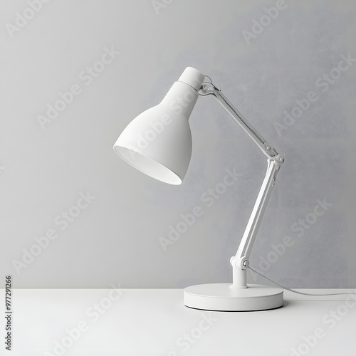 47. A minimalist white desk lamp isolated on a simple gray background