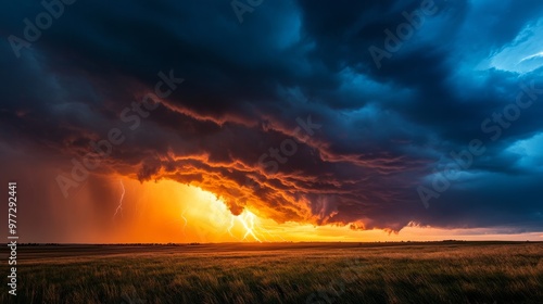 Dramatic sunset behind stormy horizon, light-dark contrast.