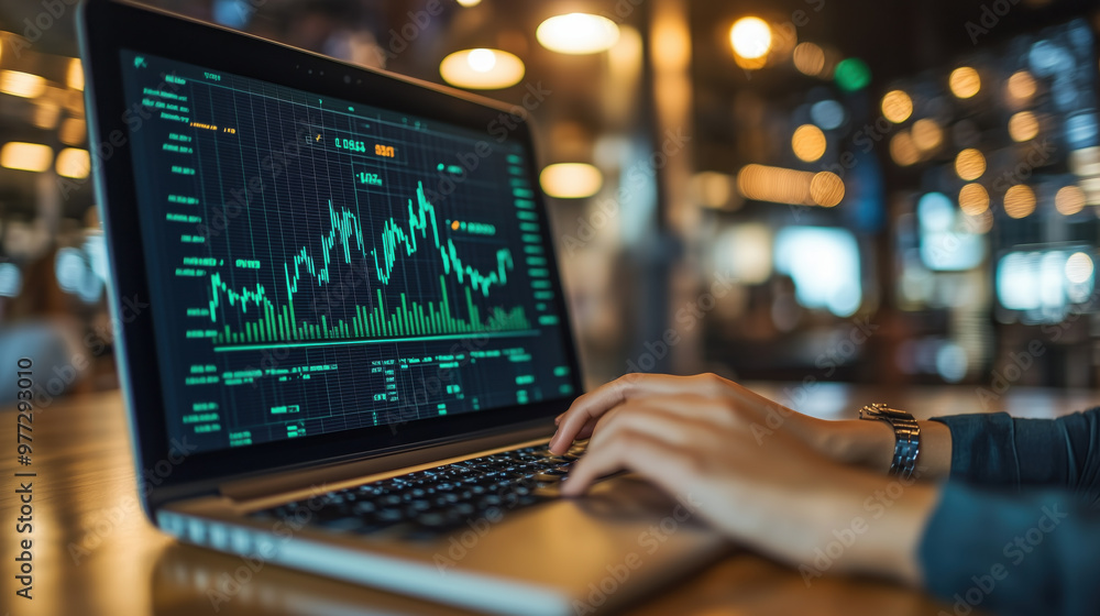 Investing in stock market trends with laptop displaying data analysis Investing in stock market trends with laptop displaying data analysis