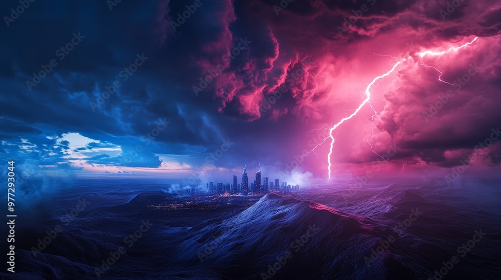 Thunderstorm with lightning striking distant city skyline, extreme weather, electrifying atmosphere. Thunderstorm with lightning striking distant city skyline, extreme weather, electrifying atmosphere.