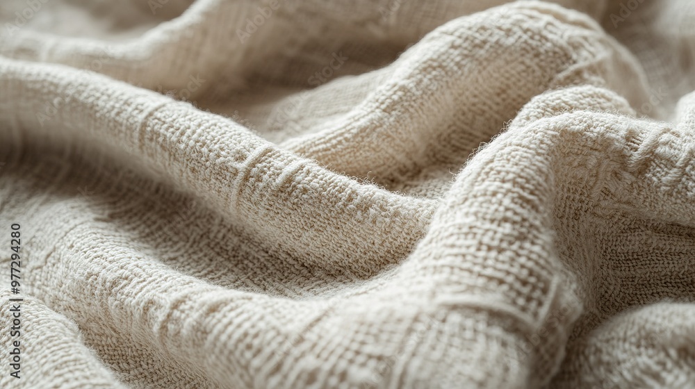 An intricate texture of sustainable fabric made from organic cotton, featuring a soft, woven pattern in neutral tones, ideal for eco-friendly fashion and textile designs.