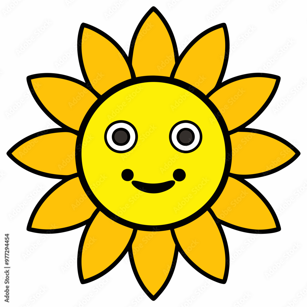 a bright, smiling sunflower with yellow petals and a happy face in the center. a bright, smiling sunflower with yellow petals and a happy face in the center.