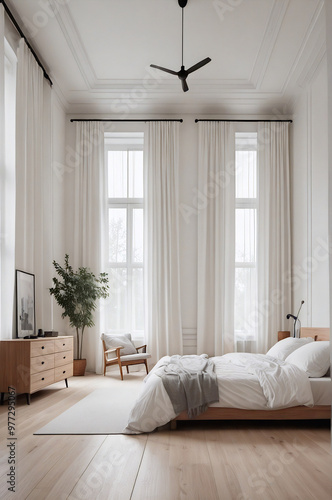 Minimalist Bedroom Design with High Ceilings and Serene Atmosphere