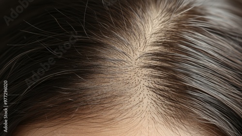 alopecia, close up of Woman showing hair loss on scalp photo