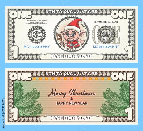Vector holiday banknote or flyer. Obverse and reverse of 1 dollar bill. Funny cartoon cute gnome. Merry Christmas and Happy New Year. Play money. One. Garlands and fir branches.
