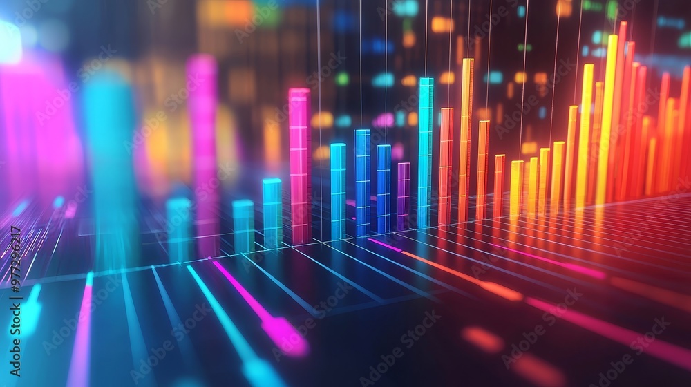 Dynamic Sales Data Analysis with Vibrant Bar Charts and Growth Arrows, 3D Illustration. Dynamic Sales Data Analysis with Vibrant Bar Charts and Growth Arrows, 3D Illustration.