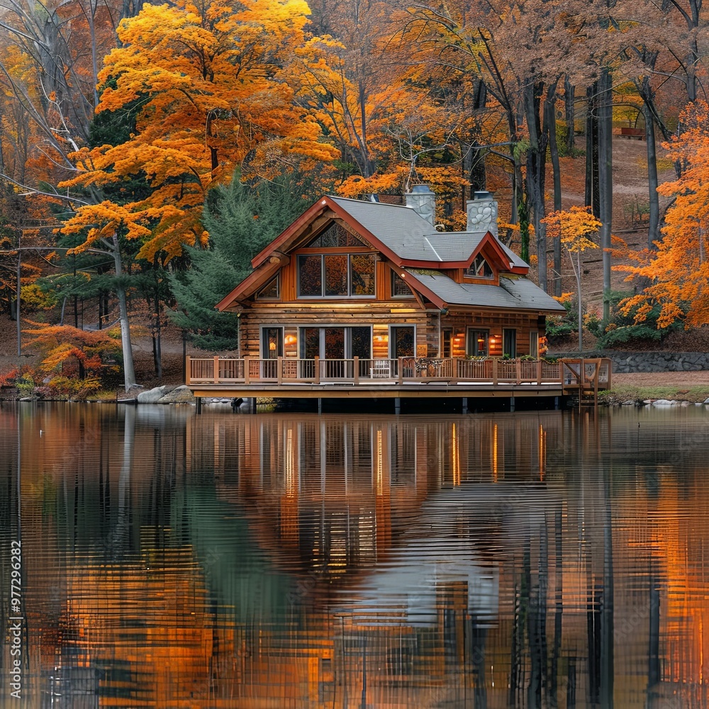 A warm glowing log cabin reflecting off a calm lake, surrounded by vibrant autumn leaves, providing a picturesque and tranquil setting, ideal for a cozy countryside retreat. A warm glowing log cabin reflecting off a calm lake, surrounded by vibrant autumn leaves, providing a picturesque and tranquil setting, ideal for a cozy countryside retreat.