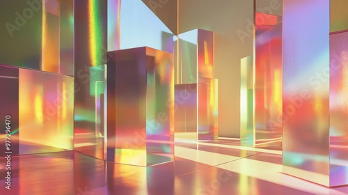 Metallic prisms suspended in a weightless environment, casting rainbow reflections.