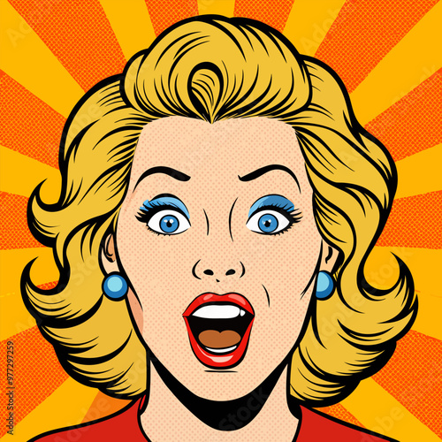 Face of an admiring or surprised woman. Retro pop art comic style. Vector illustration.