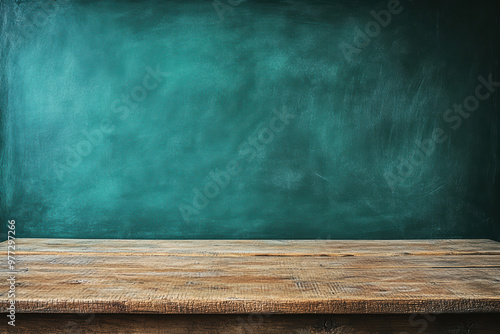 Rustic wooden table against a matte green chalkboard background, perfect for educational, culinary, or vintage-themed design elements.