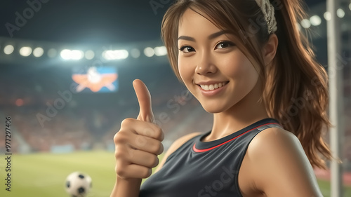 Close-Up of Sexy Young Woman in Soccer Outfit Giving Thumbs Up,3D hyper-realistic anime