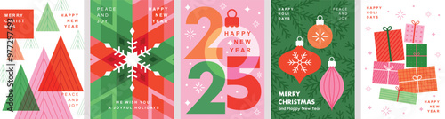 Christmas Minimalist card set - abstract Holidays flyers. Lettering with Christmas and New Year decorative elements. Vector illustration.