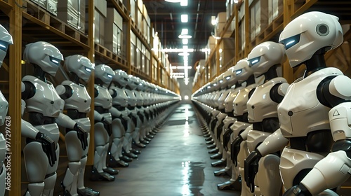 Wallpaper Mural Warehouse Robot: A fleet of robots efficiently organizing and transporting goods in a large warehouse. 
 Torontodigital.ca