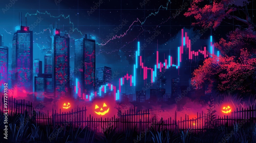 Spooky Stock Market Trends: Halloween-Themed Charts with Ghostly Icons and Eerie Downward Spirals Spooky Stock Market Trends: Halloween-Themed Charts with Ghostly Icons and Eerie Downward Spirals