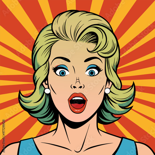 Face of an admiring or surprised woman. Retro pop art comic style. Vector illustration.