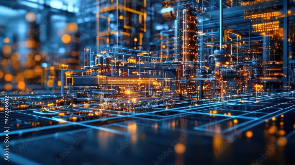 Fototapeta premium Futuristic cityscape with glowing skyscrapers and intricate lines representing digital connections and technology