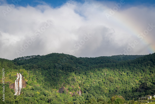 famous large waterfall siriphum and Mae ya were place on cliff with beautiful background at doi inthanon chiangmai thailand  photo