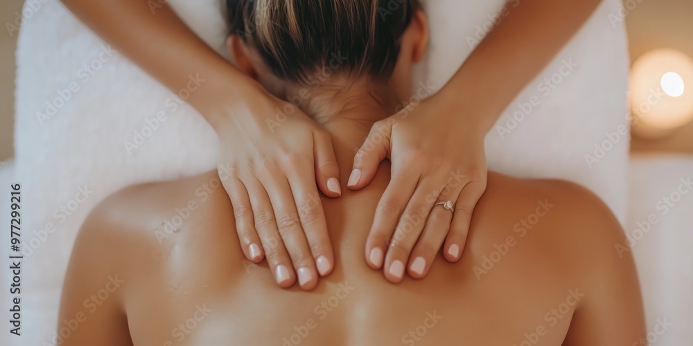 Female hands giving a relaxing back massage to another woman at a spa. Top view. Female hands giving a relaxing back massage to another woman at a spa. Top view.