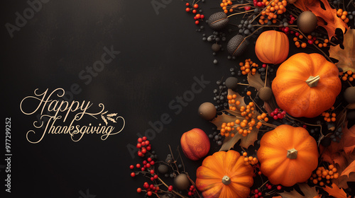 Thanksgiving background decoration from dry leaves, red berries and pumpkin on blackboard background
