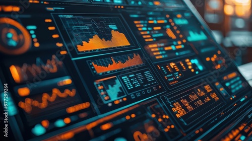 Close-up of a data visualization dashboard showcasing graphs and metrics in a vibrant, futuristic interface