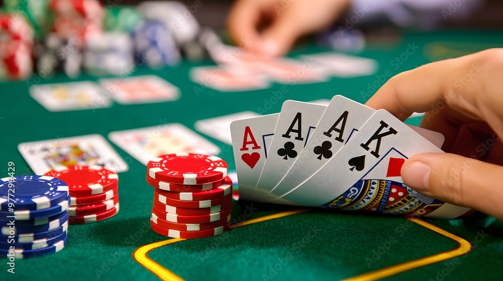 Winning Hand in Poker: A winning poker hand laid out on the table, surrounded by chips and cards.
Winning Hand in Poker: A winning poker hand laid out on the table, surrounded by chips and cards.