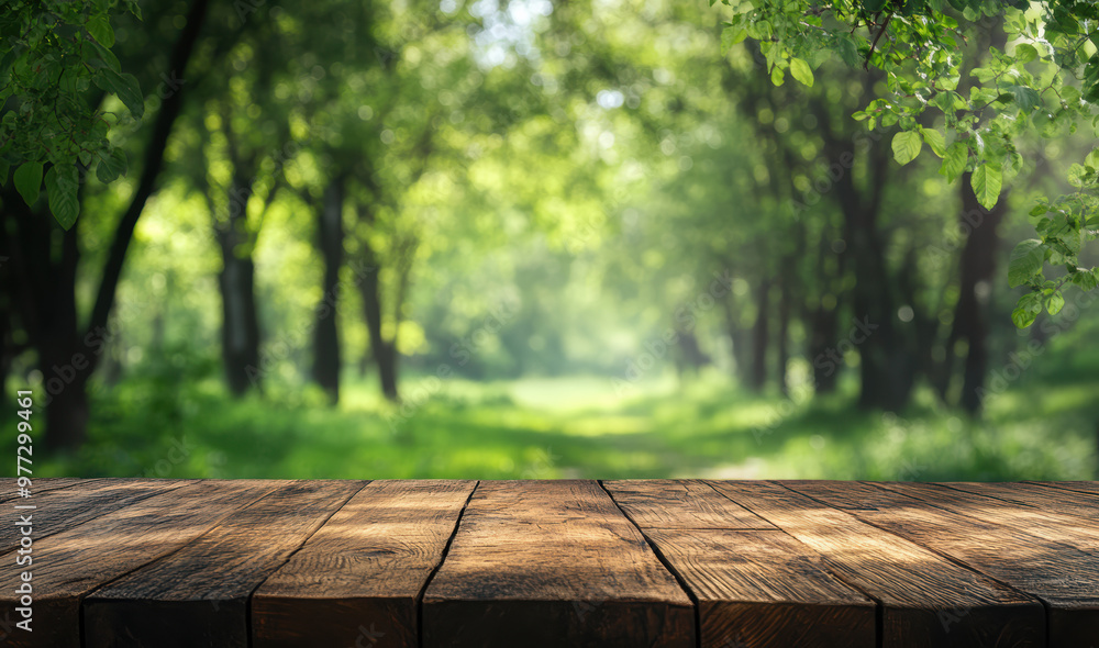 Wooden table with a blurred background of a lush green forest. Ideal for presentations, nature themes, or product placement. Wooden table with a blurred background of a lush green forest. Ideal for presentations, nature themes, or product placement.